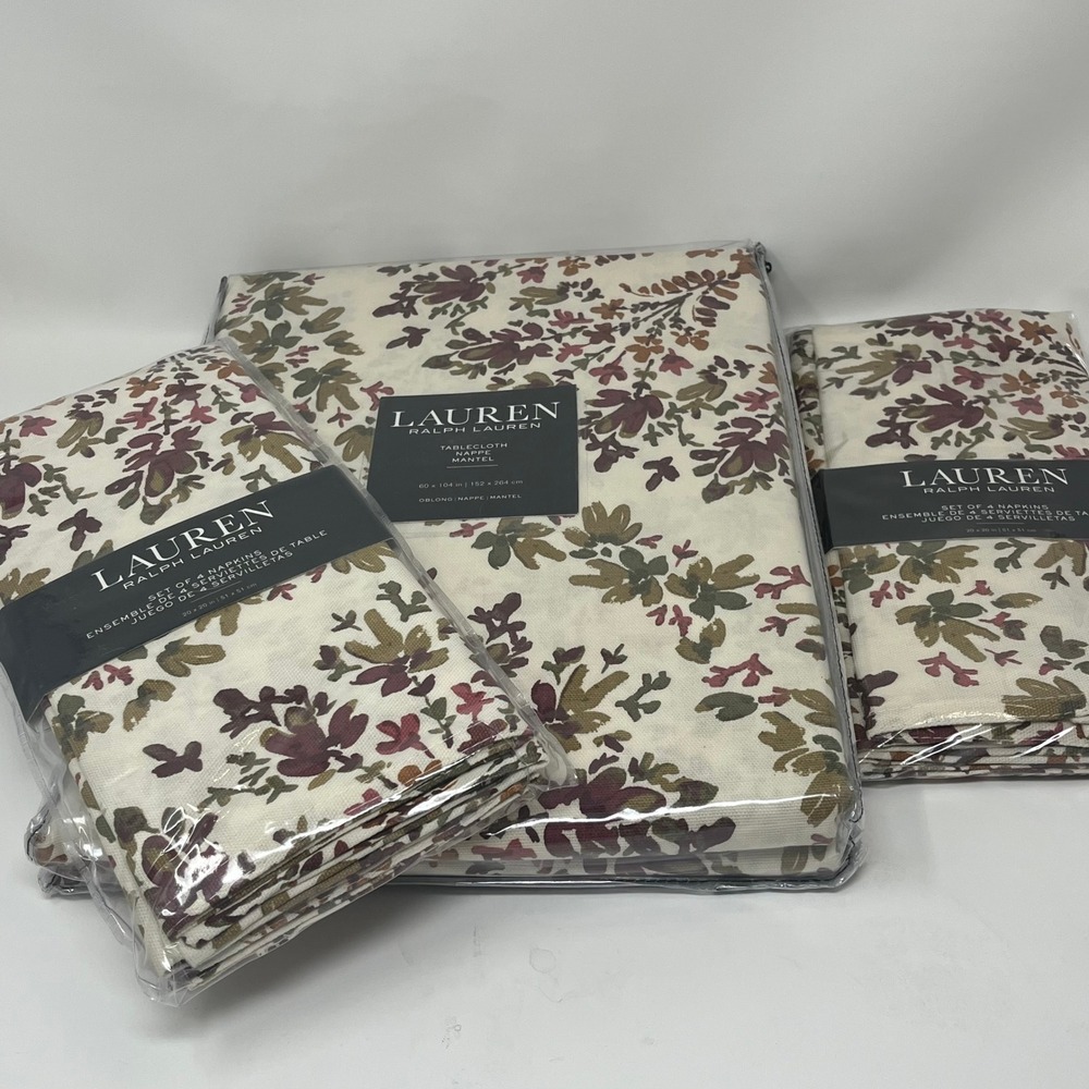 Lauren Ralph Lauren Oblong 60x104 Tablecloth & 8 Napkins Set Cream Floral Cotton
